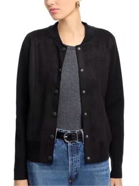 Sioni Black Faux Suede Snap Front Bomber Jacket Ribbed Trim Small